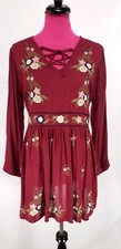 NWT Velzera Dress Size L Womens Red Burgundy Floral Embroidered Ruffle Hem