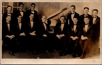 RPPC Men Tuxedos Formal Dress Seated Piano c1930-1940s photo postcard IQ18
