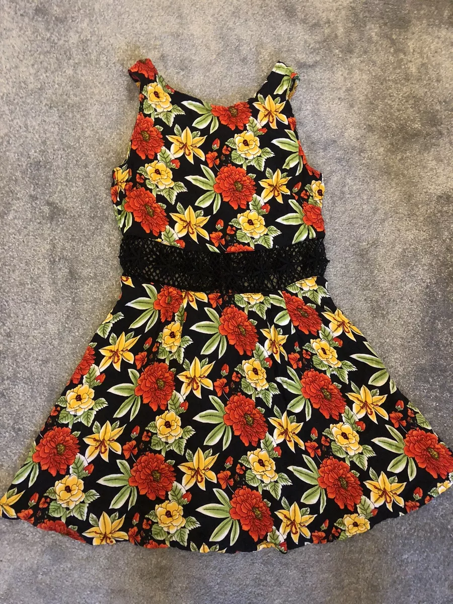Cameo Rose New Look Size 12 Floral Cut Out Skater Dress Black