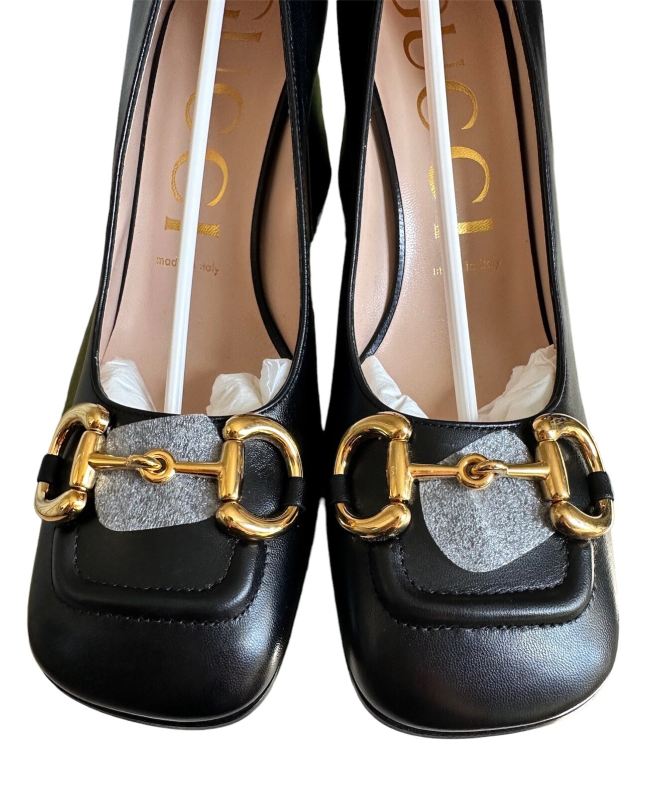 Gucci Women's Mid Heel Pump with Horsebit BLACK Leather Signature Gold