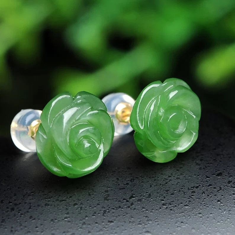 Hand Carved Green Jade Rose Flower Sliver Healing Reiki Dainty Stud Earrings - Image 2 of 4