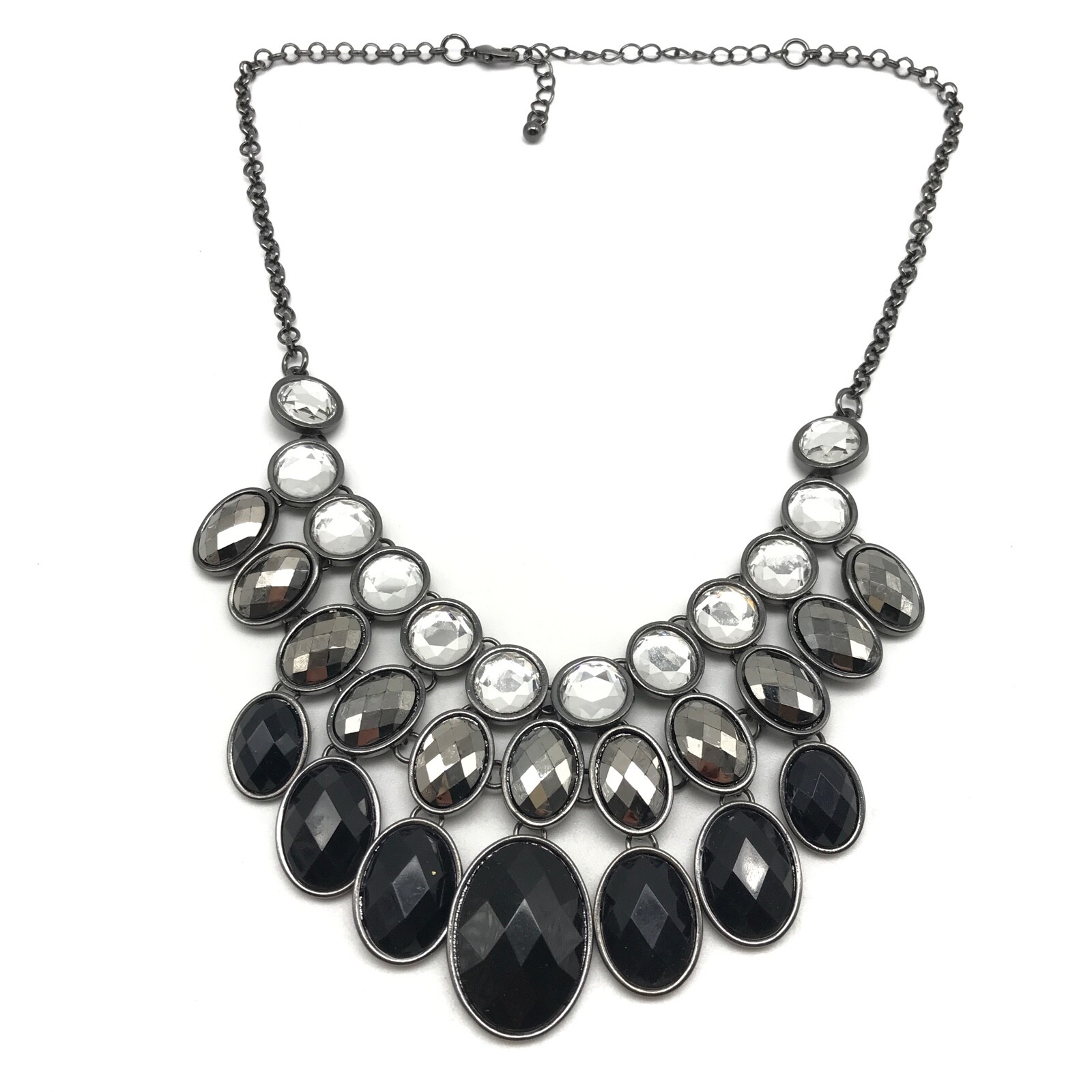 Ladies Black Clear Silver Tone Rhinestone Layered Adjustable Statement Necklace