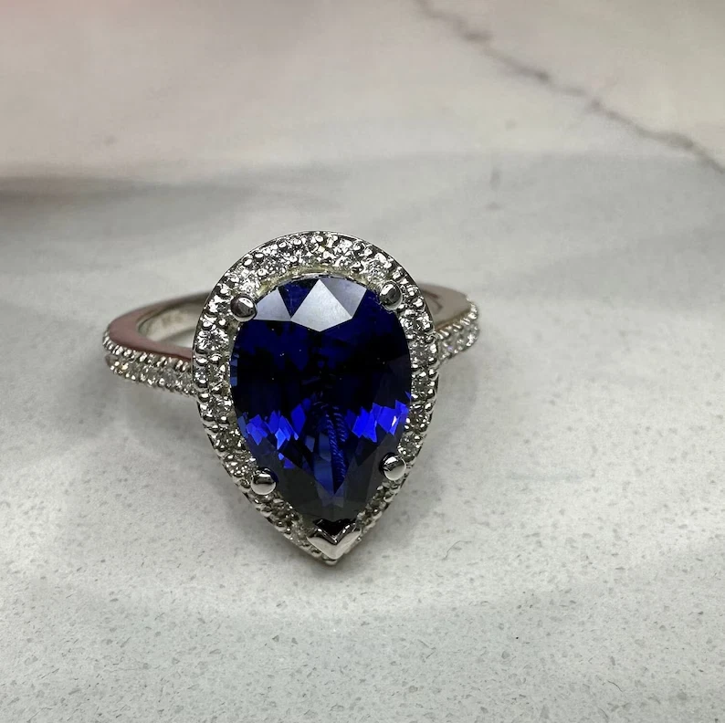 3.40 Ct Pear Cut Natural Blue Sapphire Diamond Bridal Ring  14K White Gold size7 - Image 3 of 4