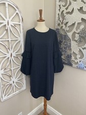 LOFT size 6 GREEN NAVY PLAID PRINT RUFFLE TRIM LONG SLEEVE SHIFT DRESS
