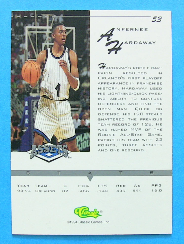 ANFERNEE HARDAWAY, 1994-95 CLASSIC ASSETS #53, MAGIC - Image 2 of 2