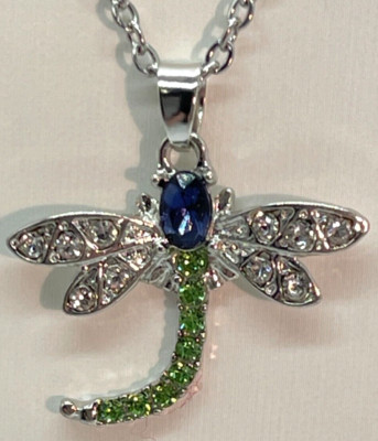 Necklace Silver Tone Dragonfly Accented in Blue, Green & Clear Crystals 18''