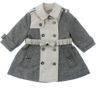 BURBERRY BABY GIRLS GREY WOOL TWEED BEIGE COTTON