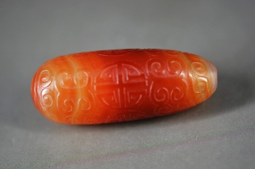 Perle ancienne agate rouge naturelle tibétaine unique sculptée à la main Dzi *Fret* 49 mm A05 - Photo 4/6