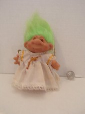 Russ Troll Doll 4" Vintage Angle W/White Gold Dress Wings Green Hair Brown Eyes