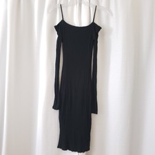Small Black Bead Black Spaghetti Strap Longsleeve Bodycon Midi Dress