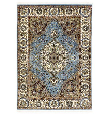 Hand-Knotted Kirman Oriental Rug 6X8 Blue Cream Floral Medallion Wool Carpet