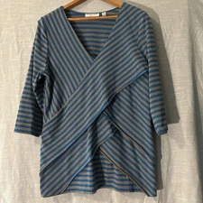 Hannah Top Women’s Blue/Grey Striped Criss Cross Layered Sz PXL