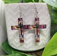 2  Silver-tone Acrylic Boho Cross Drop Dangle Earring Set New Free Ship B8223