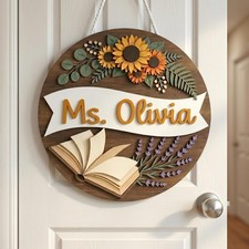 Personalized Teacher Classroom Name Sign, 3D Floral Wood Door Decor Gift
