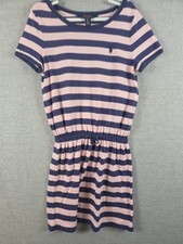 Polo Ralph Lauren Girls S Pink Blue Stripe Romper Mini Dress Cinch Waist Logo