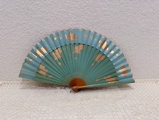 Vintage Hand Fan Teal Gold Floral Folding Fan Wood Frame Large Decorative