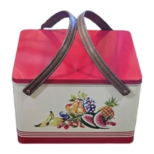 Vintage World Market Picnic Basket Metal Wood Handles Red Watermelon