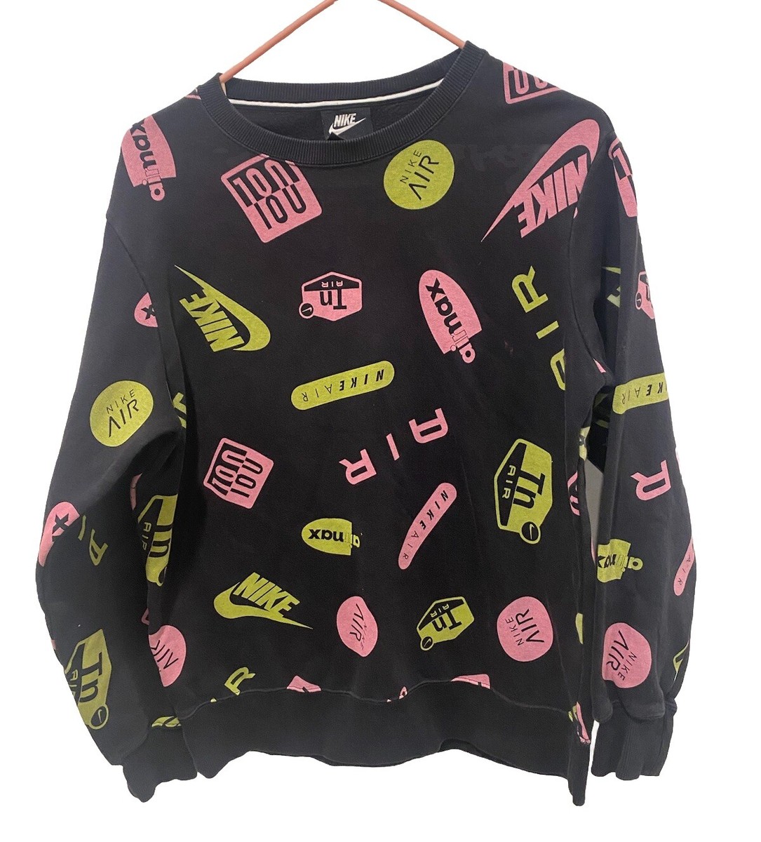 Nike Air Max Sweatshirt Womens Small Black Crew AOP All Over Print Logo Fleece | eBay