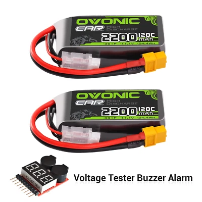 2X Ovonic 11.1V 120C 3S 2200mAh Lipo Akku XT60+Voltage Tester für RC Auto Plane