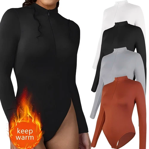 Body donna finto collo foderato in pile manica lunga girocollo casual body top - Foto 1 di 12
