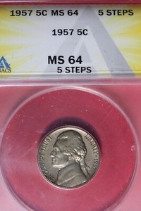 1957 ANACS 5C MS64 5 STEPS JEFFERSON NICKEL #B48476