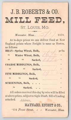 1878 J.B Roberts & Co Mill Feed St Louis Worcester MA Maynard Knight Co Postcard