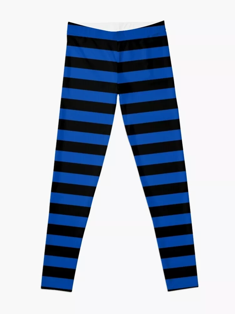 Cobalt Blue and Black Horizontal Stripes Leggings for Women, Strippes  Leggings