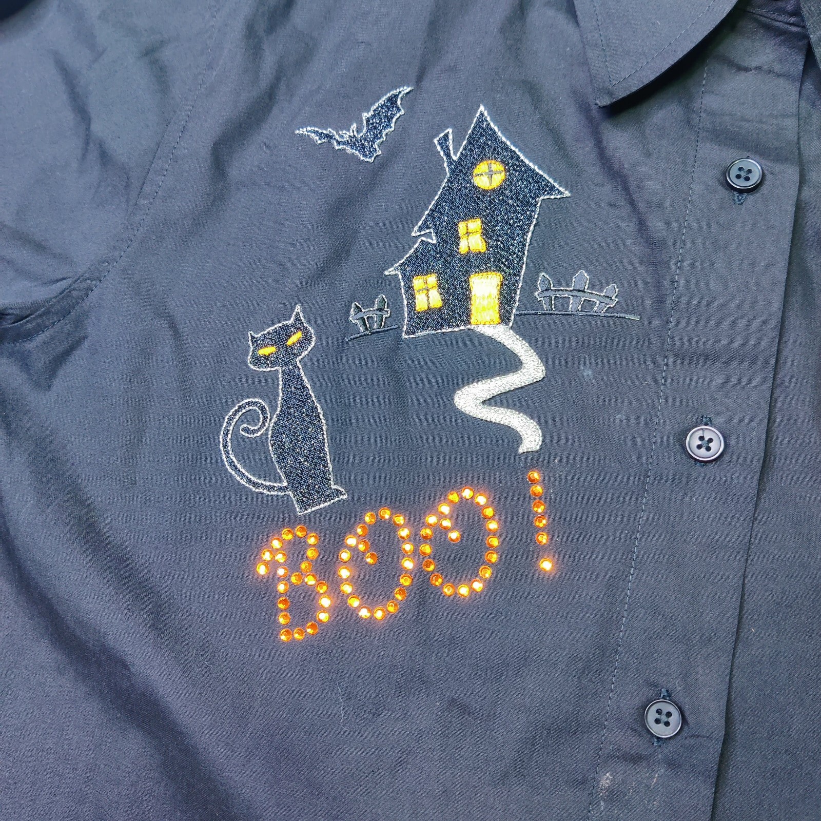 Tia Designs Womens Embellished Halloween Button Up Sh… Gem