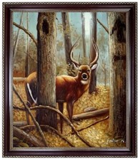 Ölbild Hirsch im Wald handgemaltes Ölgemälde, Jagdgemälde F: 50x60cm