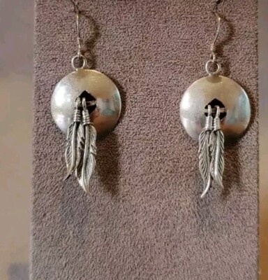 Native American Navajo Dangle Feathers Vintage Sterling Silver  Earrings