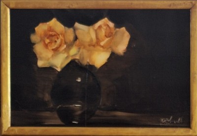 Original Ölgemälde Oil Painting Rosen Bouquet Vase Impressionismus Zierrahmen 