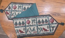 72" x 13" Christmas Tapestry Table Runner -Birds, Ornaments, Trees, Holly