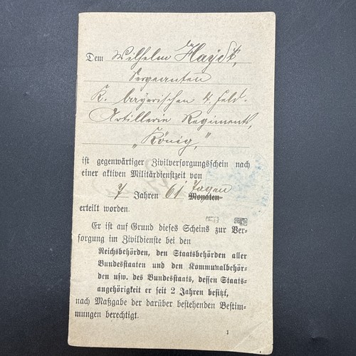 1915 WWI Bavarian 4th Field Artillery Regiment Reich pension booklet Army German