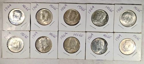 LOT OF 10 UNC 1964 KENNEDY HALF DOLLAR COINS $5 FACE VALUE UNCIRCULATED #94