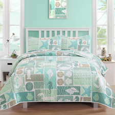 Djy 3 Pieces Quilt Set Full Coastal Green Theme Quilt Coverlet Set Beach