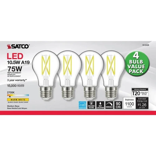 10.5W A19 LED - 75W Replacement - Clear - Medium base - 2700K - 120V - 4-PACK - Picture 3 of 7