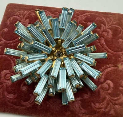 VTG Unsigned Schoffel Atomic Brooch Aqua Rhinestone Baguettes One Missing J167