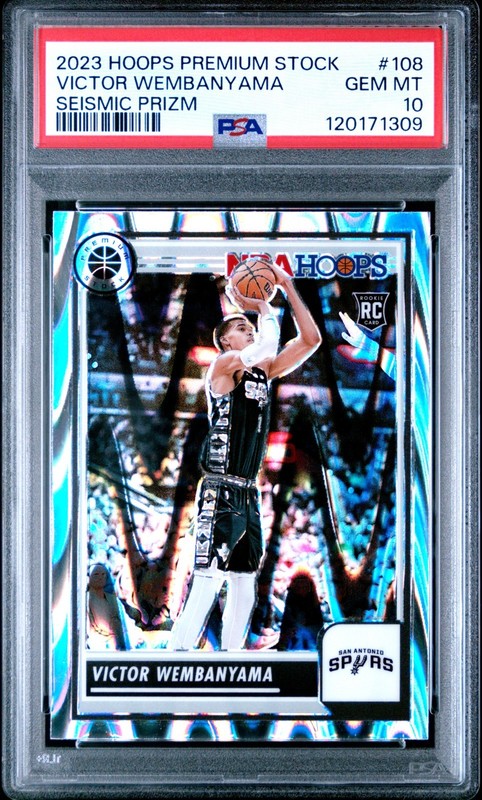 🔥 2023 HOOPS PREMIUM STOCK VICTOR WEMBANYAMA #108 SEISMIC PRIZM ROOKIE PSA 10
