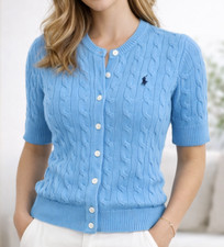 Polo Ralph Lauren Women  s Short Sleeve Cable Knit Cardigan BLUE L NWT