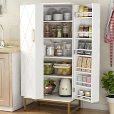 51” Pantry Cabinets, White Freestanding Kitchen Pantry Storage Cabinet with A...
