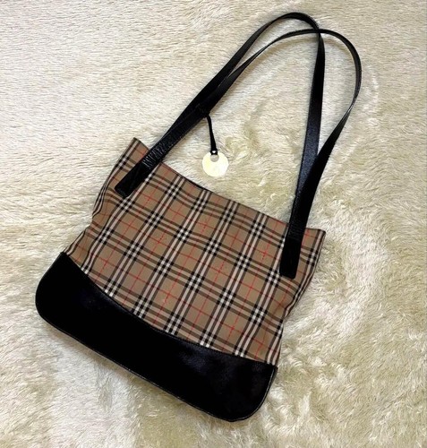 Burberry Nova Check Shadow Horse Tote Bag Brown Black Gold Charm Auth