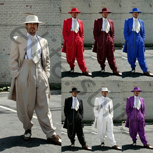 British Men's Zoot Suit Peak Lapel Wedding Tuxedo Party Prom Long Coat Pant 2pcs
