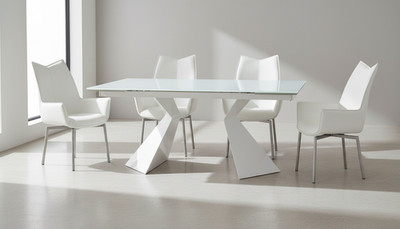 ESF Modern White Glass Top Dining Set 992 Table & 1218 Chairs, Set of 7 Pieces