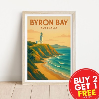 Byron Bay Australien Retro Reisedruck, Retro Reiseposter, Kunstcollage, Geschenk,