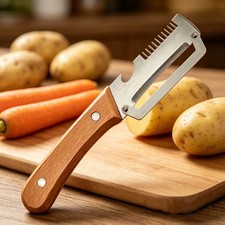 3-in-1 Stainless Steel Vegetable Peeler Shredder Slicer Wooden Handle 25cm Tool