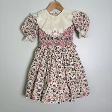 VTG 80s Will'Beth Girl's Smocked Embroidered Floral Dress-Lace Trim/Lined-Size 4