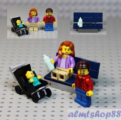 LEGO - Dad, Mom & Baby w/ Stroller Minifigure Combo - Bottle Family Park Bench 