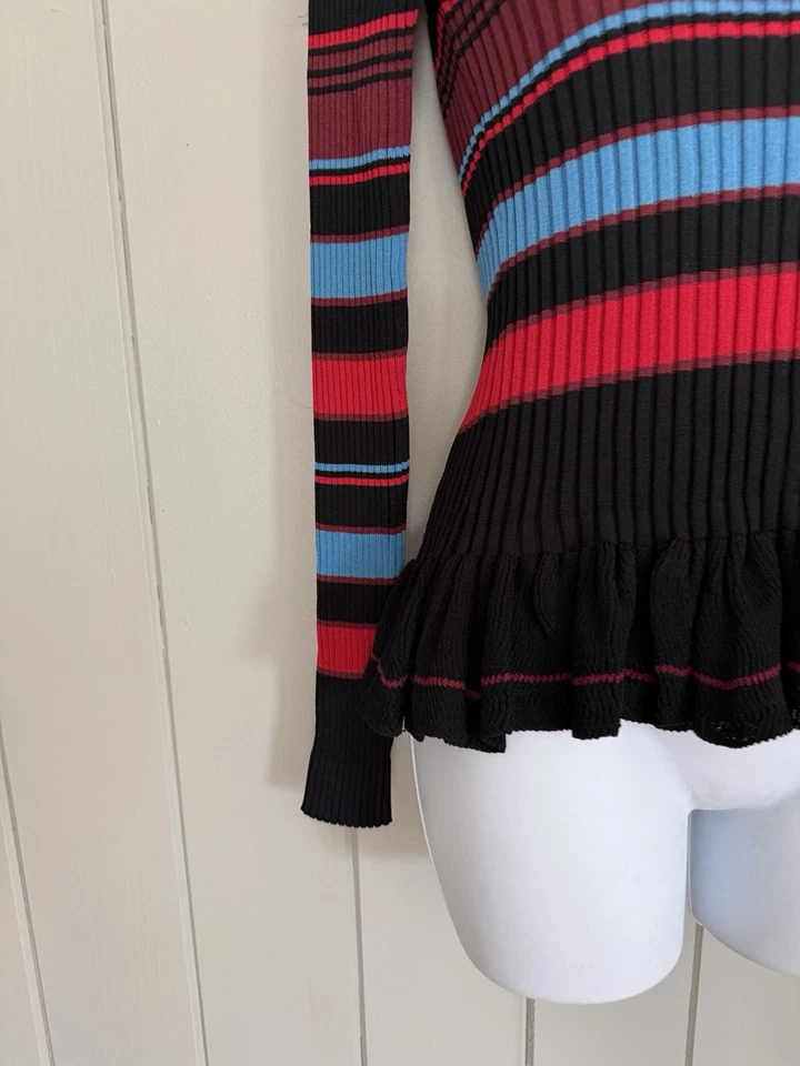 Top Torn Ronny Kobo Peplum S Pequeño Negro Azul Rojo Rayas Tejido Acanalado Foto 2 de 4