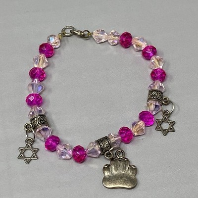 Pink Crystal Beaded Charm Bracelet Star David Paw Print Aurora Borealis 7.25''