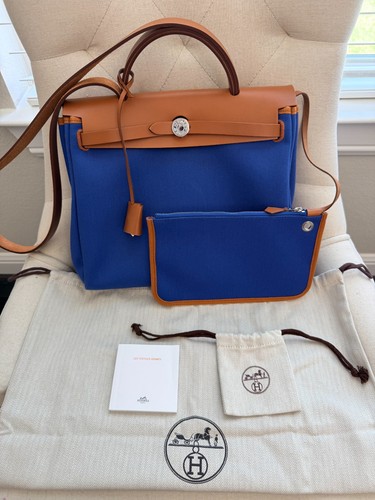 EXCELLENT CONDITION Hermes Vache Hunter Toile Herbag Zip 31 PM Azur Natural